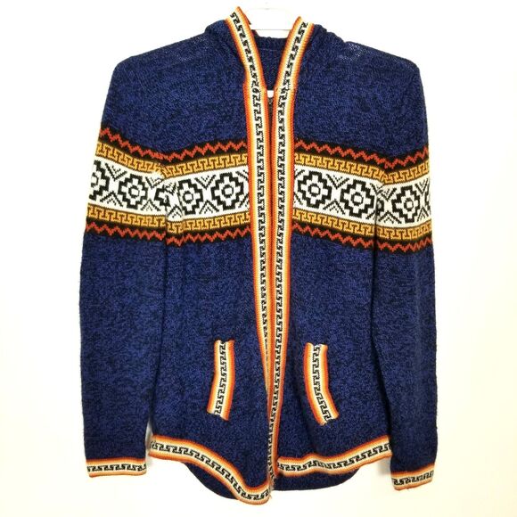 AR-T Peru Women 100% Wool  Hooded Cardigan Sweater Sz L Blue Aztec Print Zip Up - Picture 1 of 8